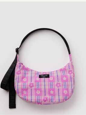 Sandy Liang Pink Floral Check Shoulder Bag with Black Strap